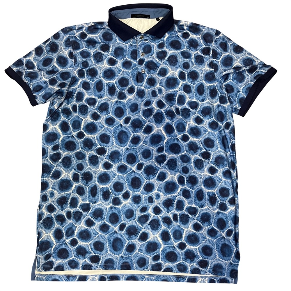 Greyson Polo Shirt Mens XL Blue White Geometric Shibori Print Golf Performance